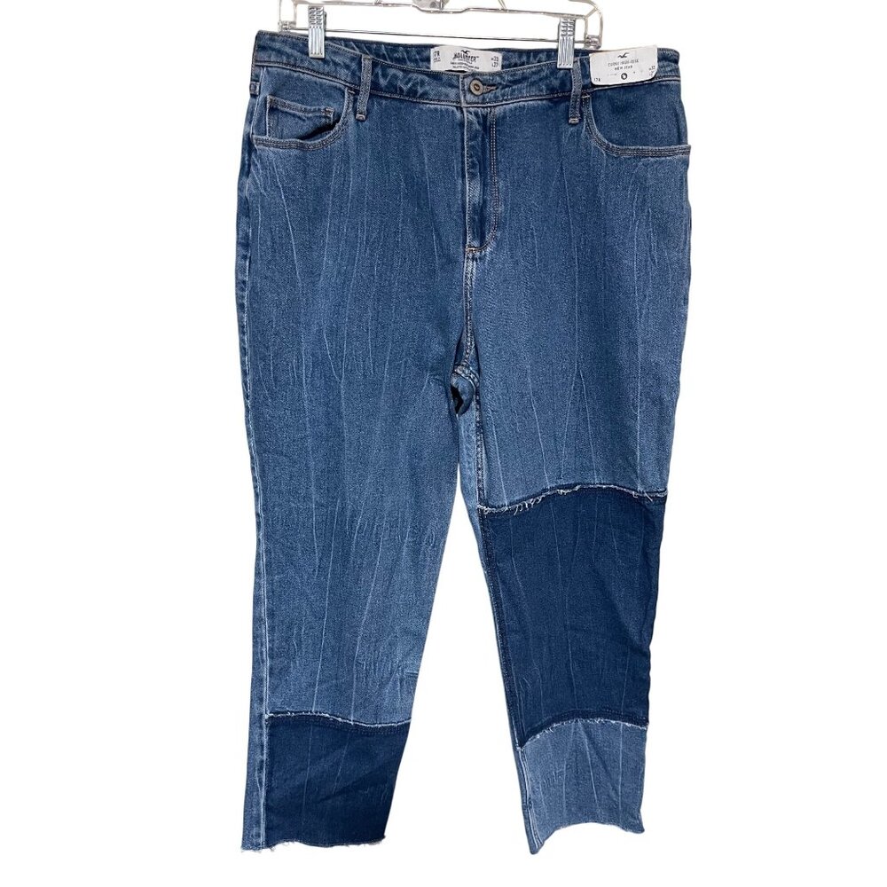 Hollister Curvy High Rise Mom Jeans Size 17 Jr W33 L27 Patchwork Denim Blue
